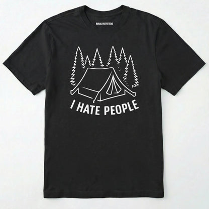 Black i hate everybody t-shirt with tent and pine tree graphic on a white background.