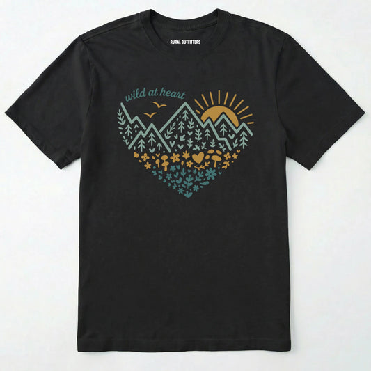 Black wild at heart t-shirt featuring a nature-inspired heart graphic on a white background.