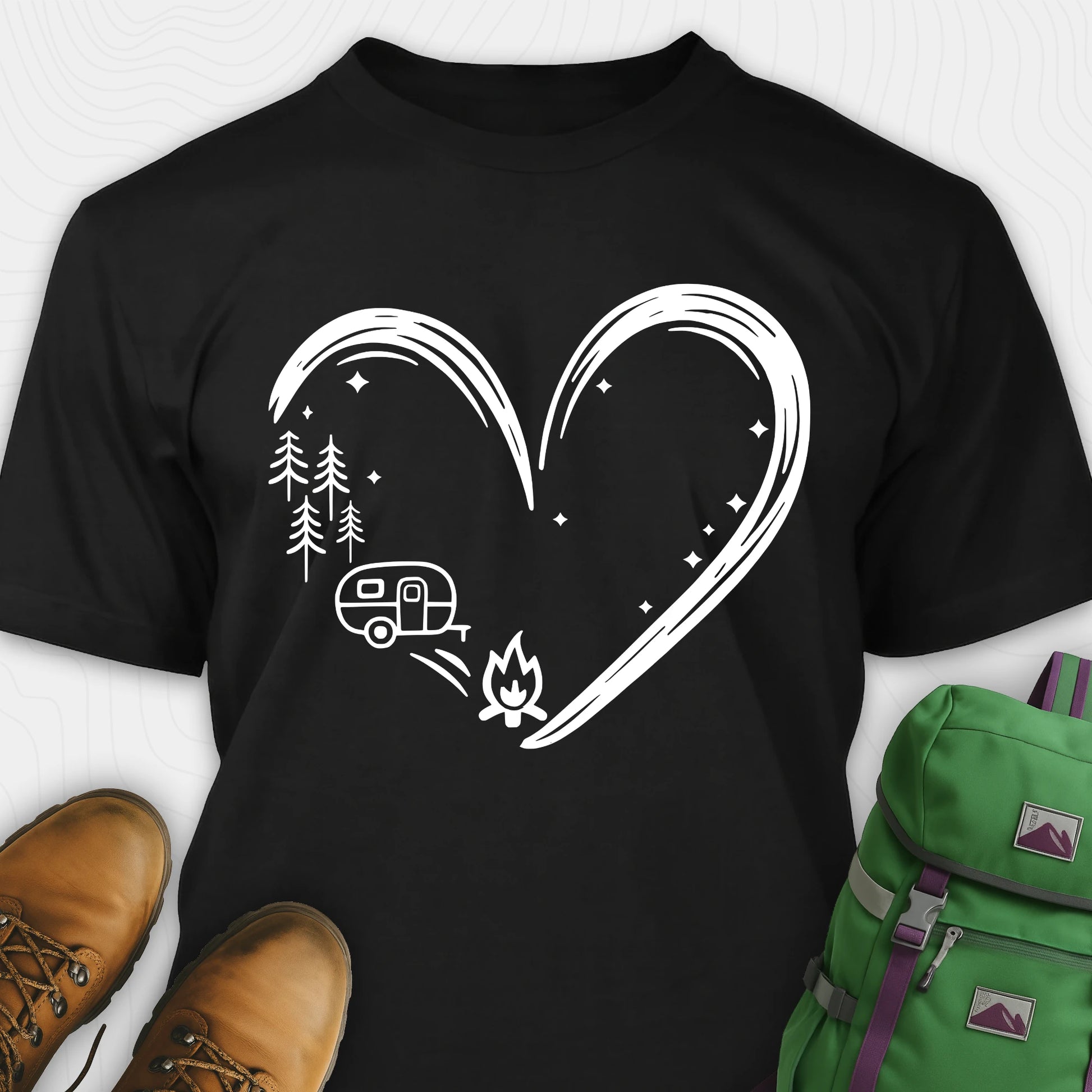 Black I love camping shirt with heart-shaped mountain and camper design