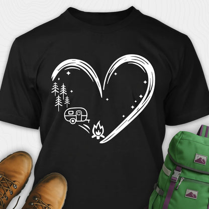 Black I love camping shirt with heart-shaped mountain and camper design