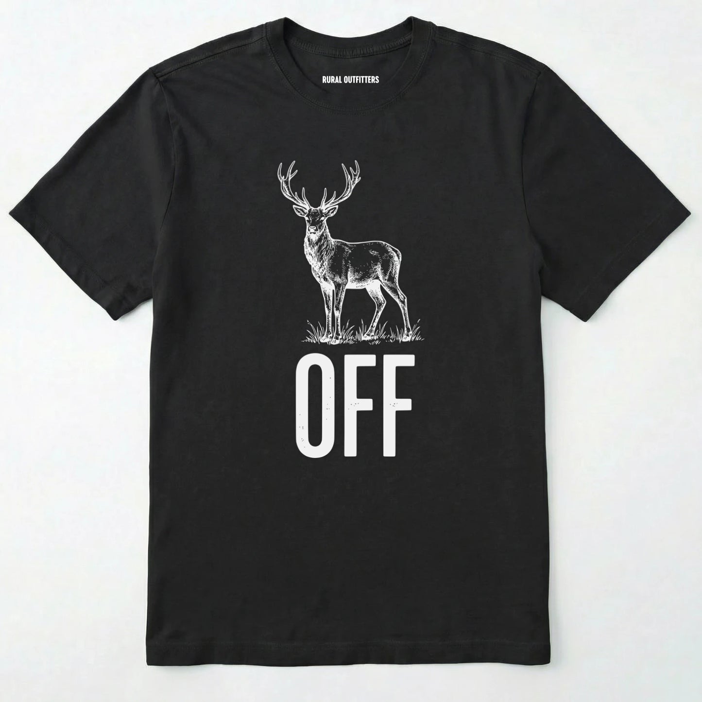 Black t-shirt with a white deer graphic and 'off' text on a white background