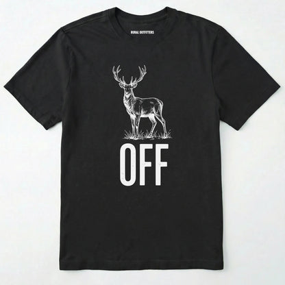 Black t-shirt with a white deer graphic and 'off' text on a white background