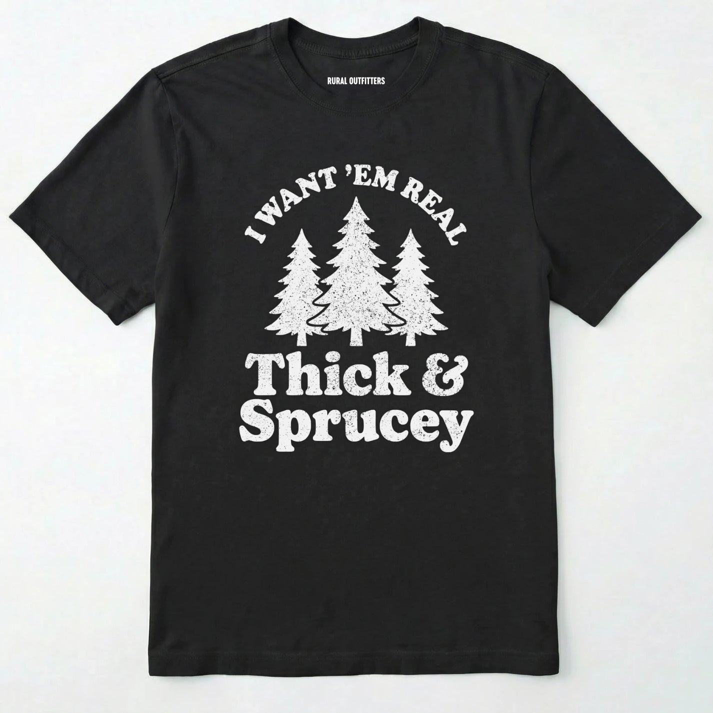 Black t-shirt with white text and tree graphics on a white background