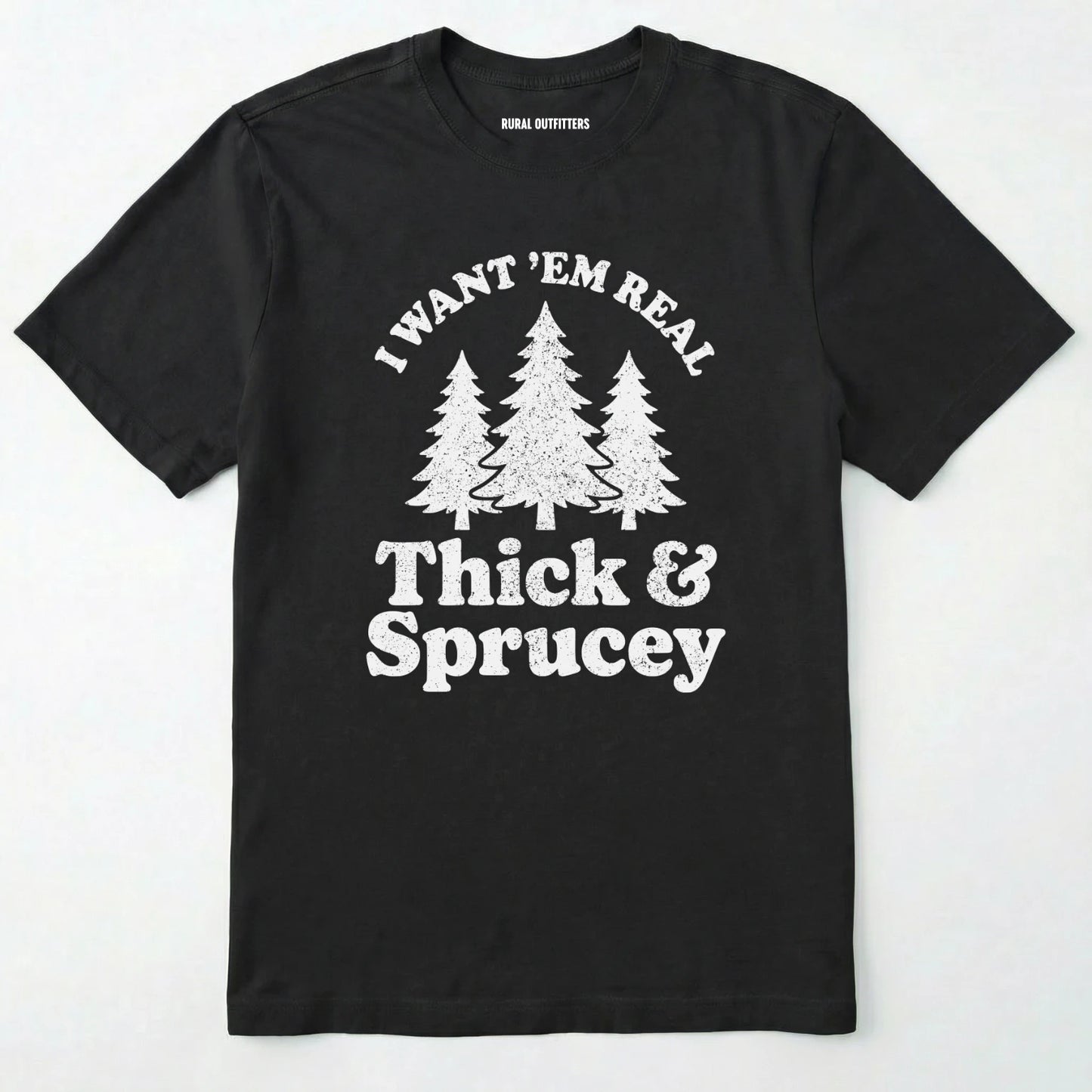 Black t-shirt with white text and tree graphics on a white background