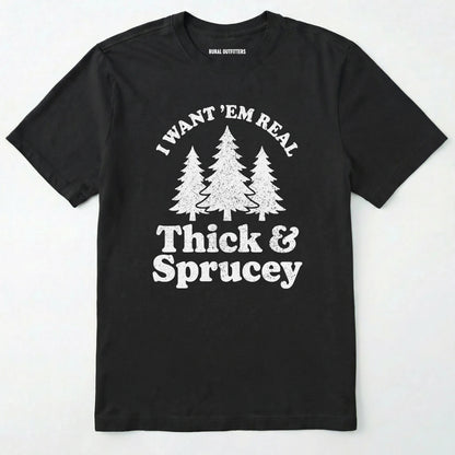 Black t-shirt with white text and tree graphics on a white background