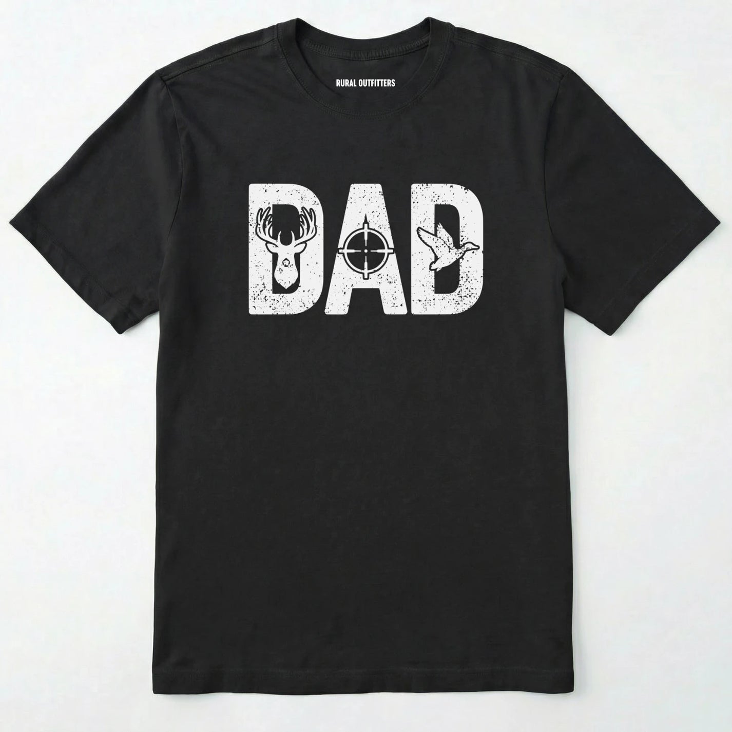 Black t-shirt with 'dad' graphic design featuring a deer and duck on a white background