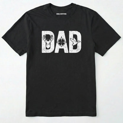 Black t-shirt with 'dad' graphic design featuring a deer and duck on a white background