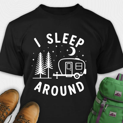 Black I sleep around camper shirt with travel trailer and night sky graphic