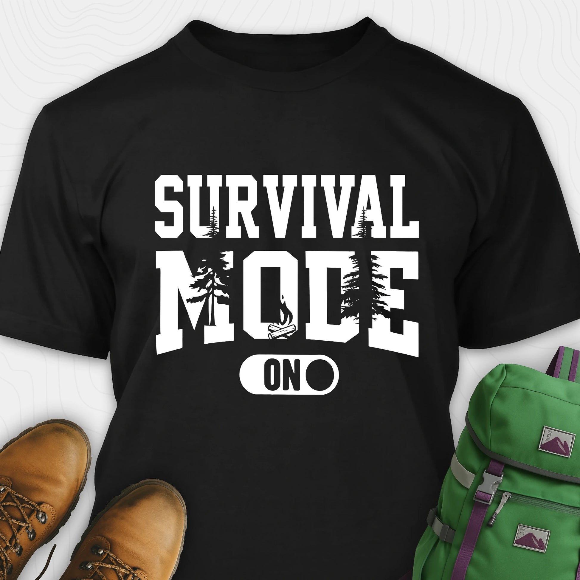 Black survival mode shirt with camping-themed graphic and rugged text