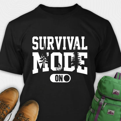 Black survival mode shirt with camping-themed graphic and rugged text