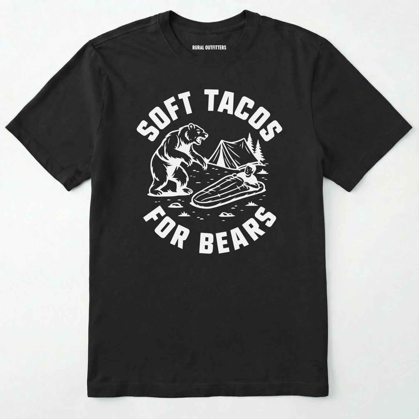 Black funny bear shirt with bear graphic and text 'soft tacos for bears' on a white background.