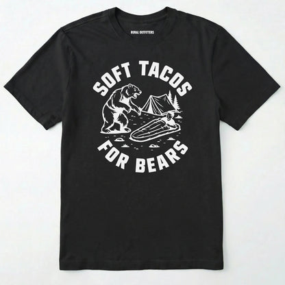 Black funny bear shirt with bear graphic and text 'soft tacos for bears' on a white background.