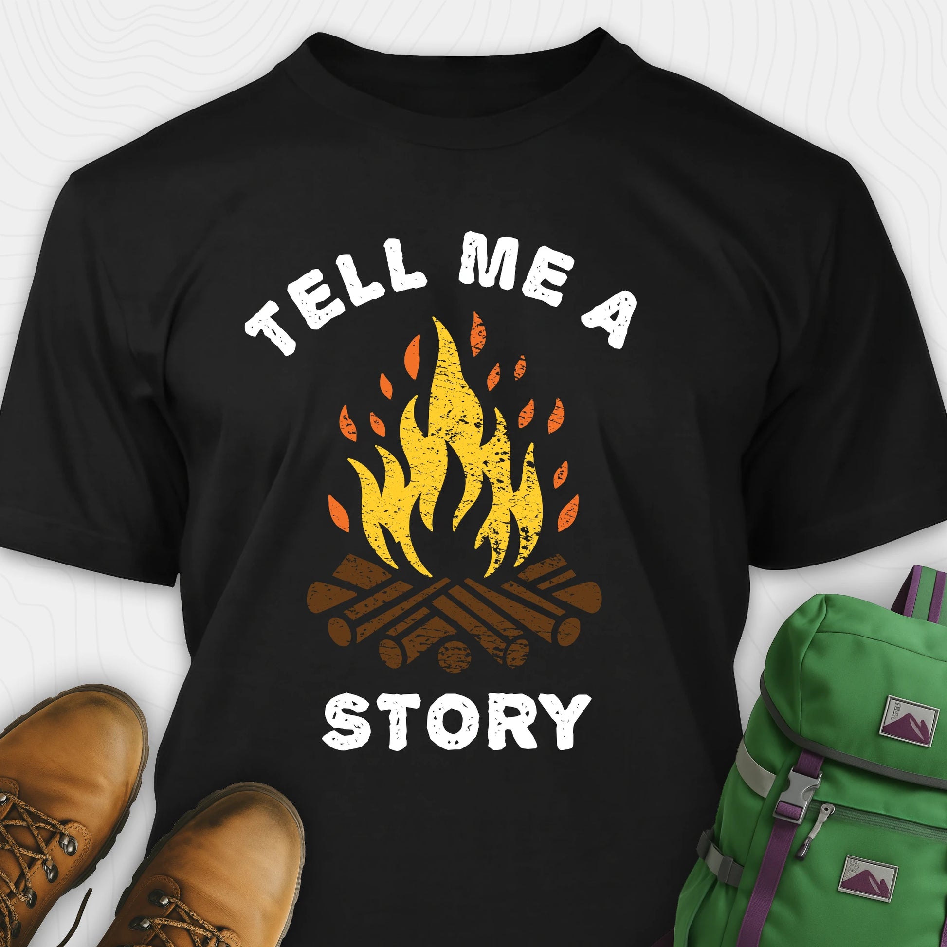 Black bonfire tee with campfire graphic