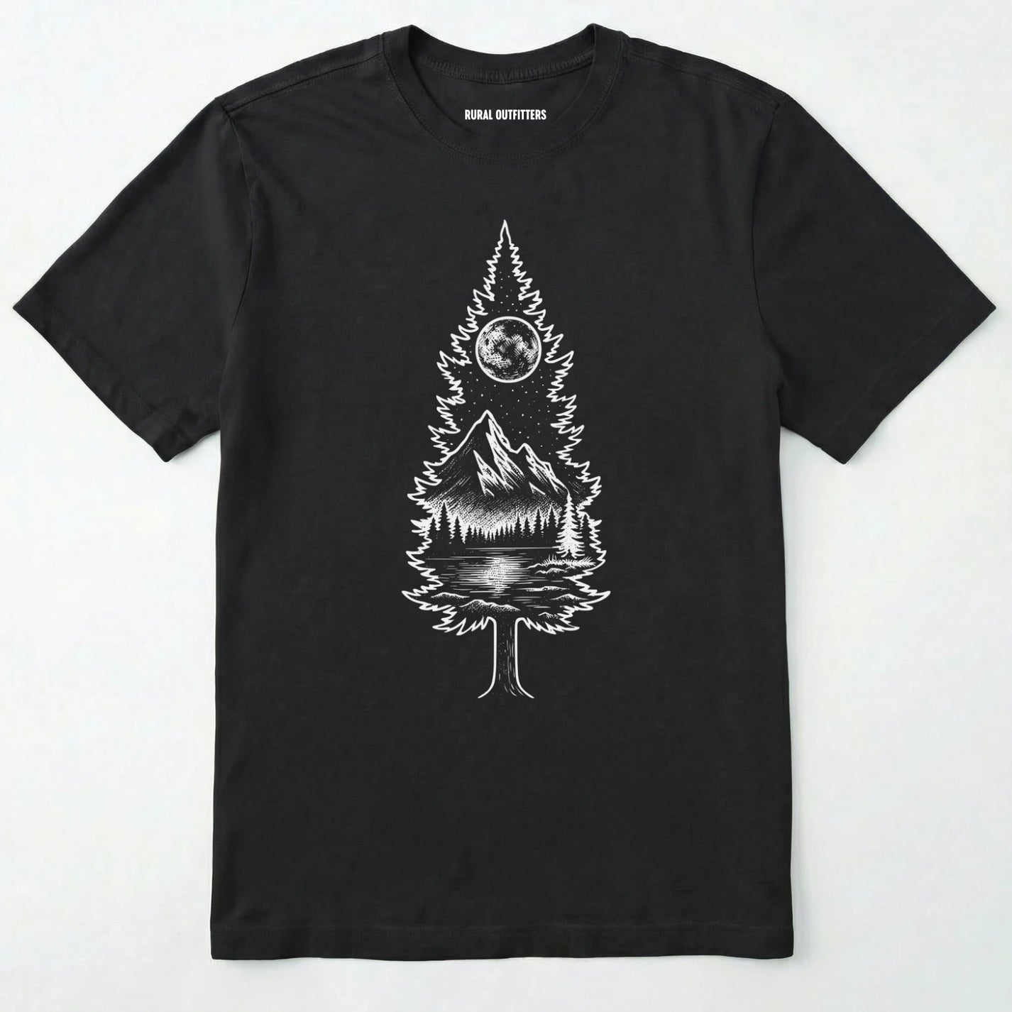 Black tree t-shirt featuring a detailed white graphic of a pine tree silhouette. the tree outline contains a landscape scene: a mountain peak rising over a forested shoreline, with its reflection visible in a lake below. above the mountain is a starry night sky and a full or partial circle representing the moon or sun.