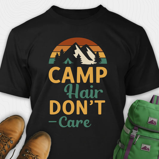 Black camping hair don’t care t-shirt with retro mountain graphic