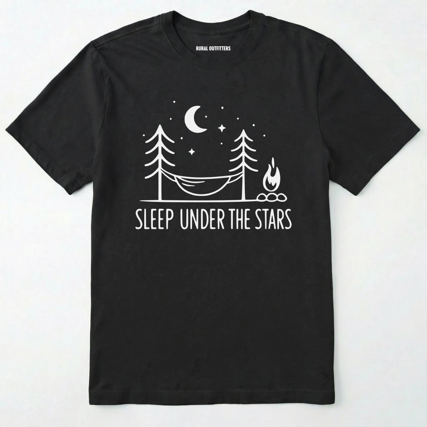 Black night sky shirt with hammock, moon, stars and campfire design on a white background.