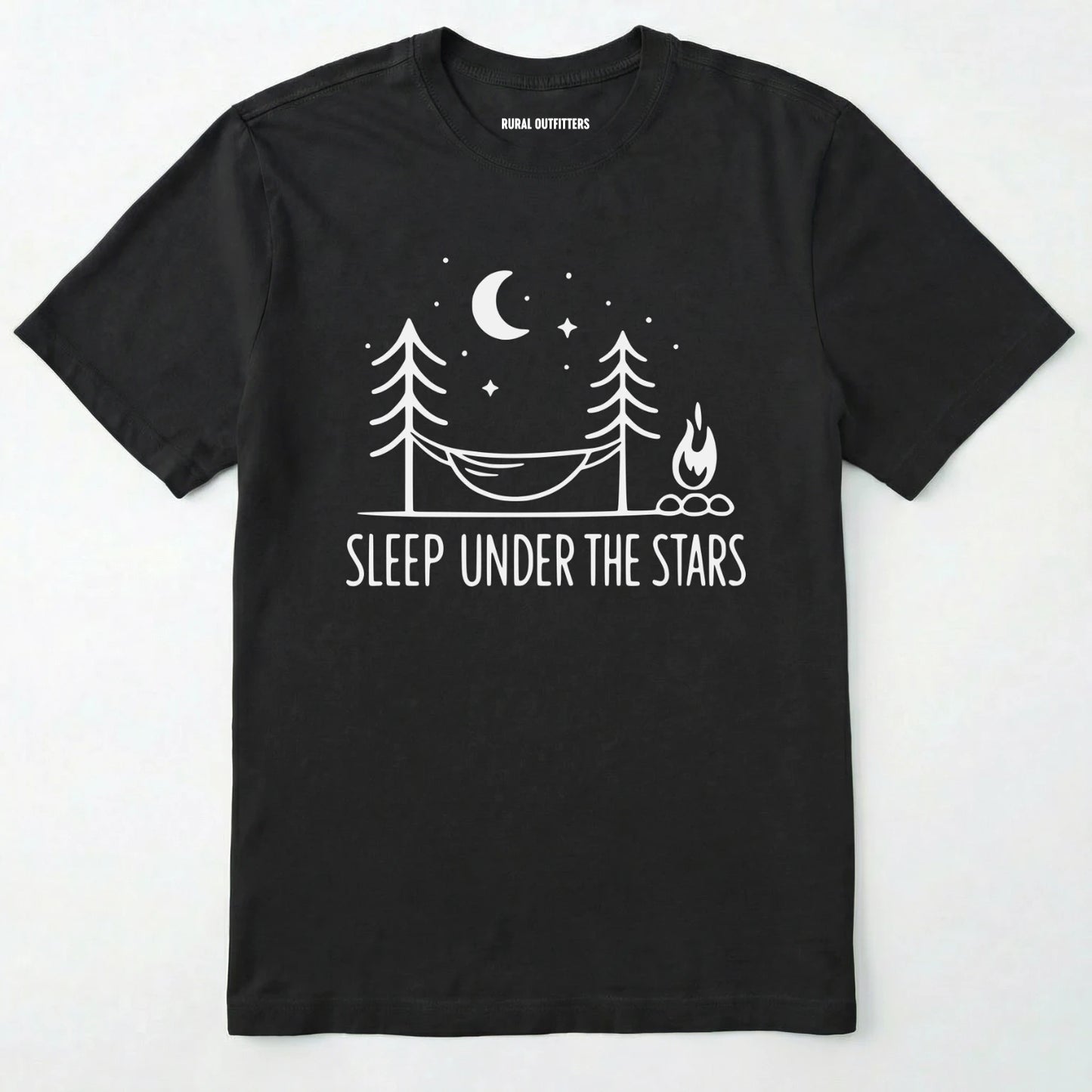 Black night sky shirt with hammock, moon, stars and campfire design on a white background.