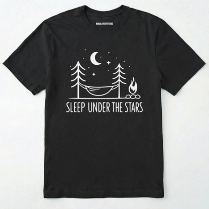 Black night sky shirt with hammock, moon, stars and campfire design on a white background.