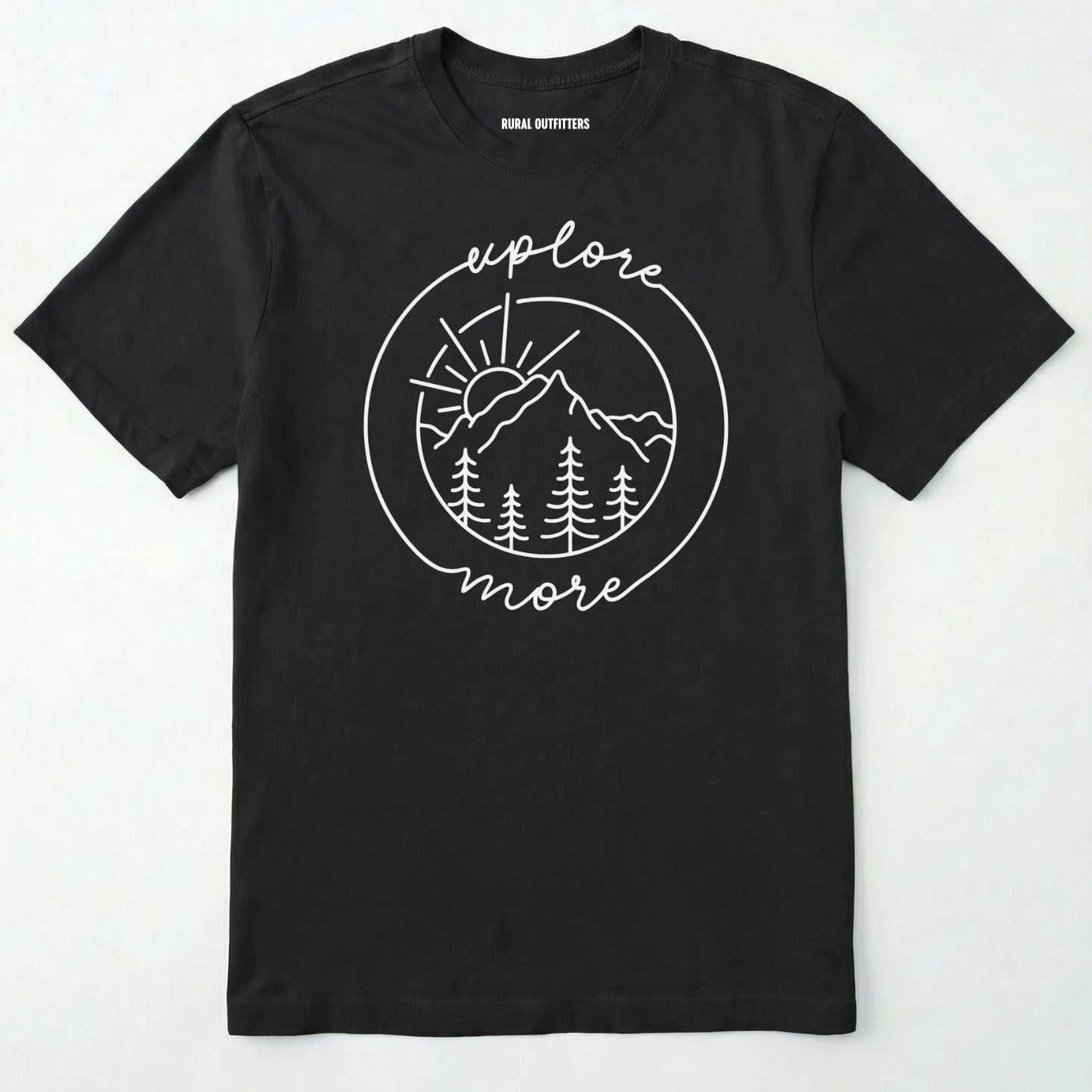 Black explorer shirt with 'explore more' text and mountain graphic design on a white background