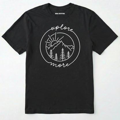 Black explorer shirt with 'explore more' text and mountain graphic design on a white background