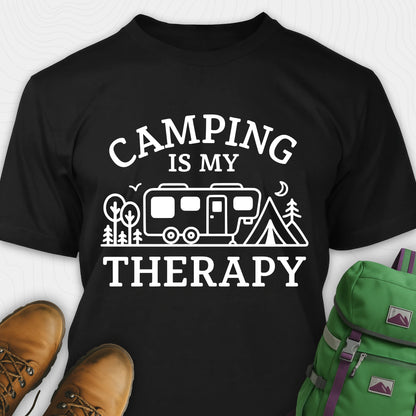 Black camping is my therapy shirt with rv and tent design