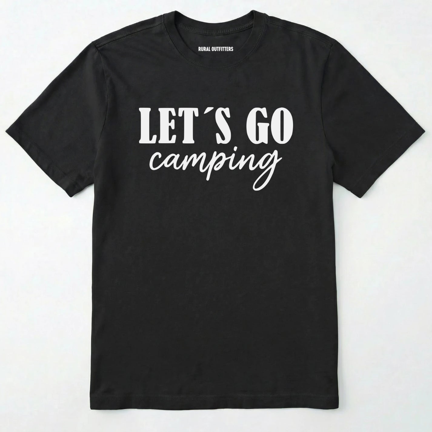 Black lets go camping shirt with simple adventure typography on a light grey background.