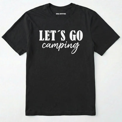Black lets go camping shirt with simple adventure typography on a light grey background.