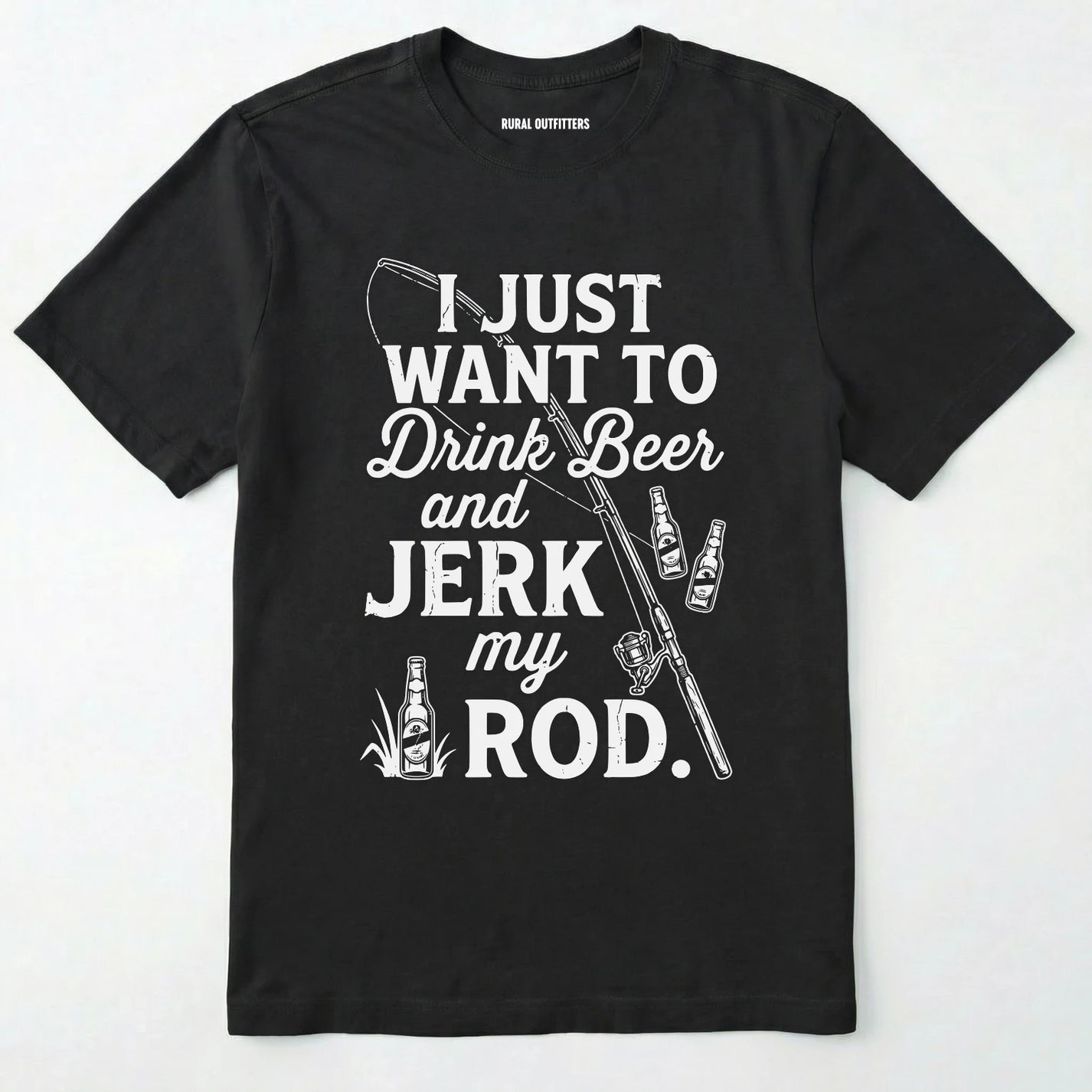 Black t-shirt with white text and graphics on a white background