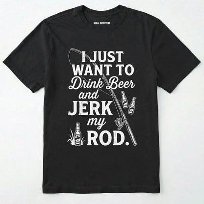 Black t-shirt with white text and graphics on a white background