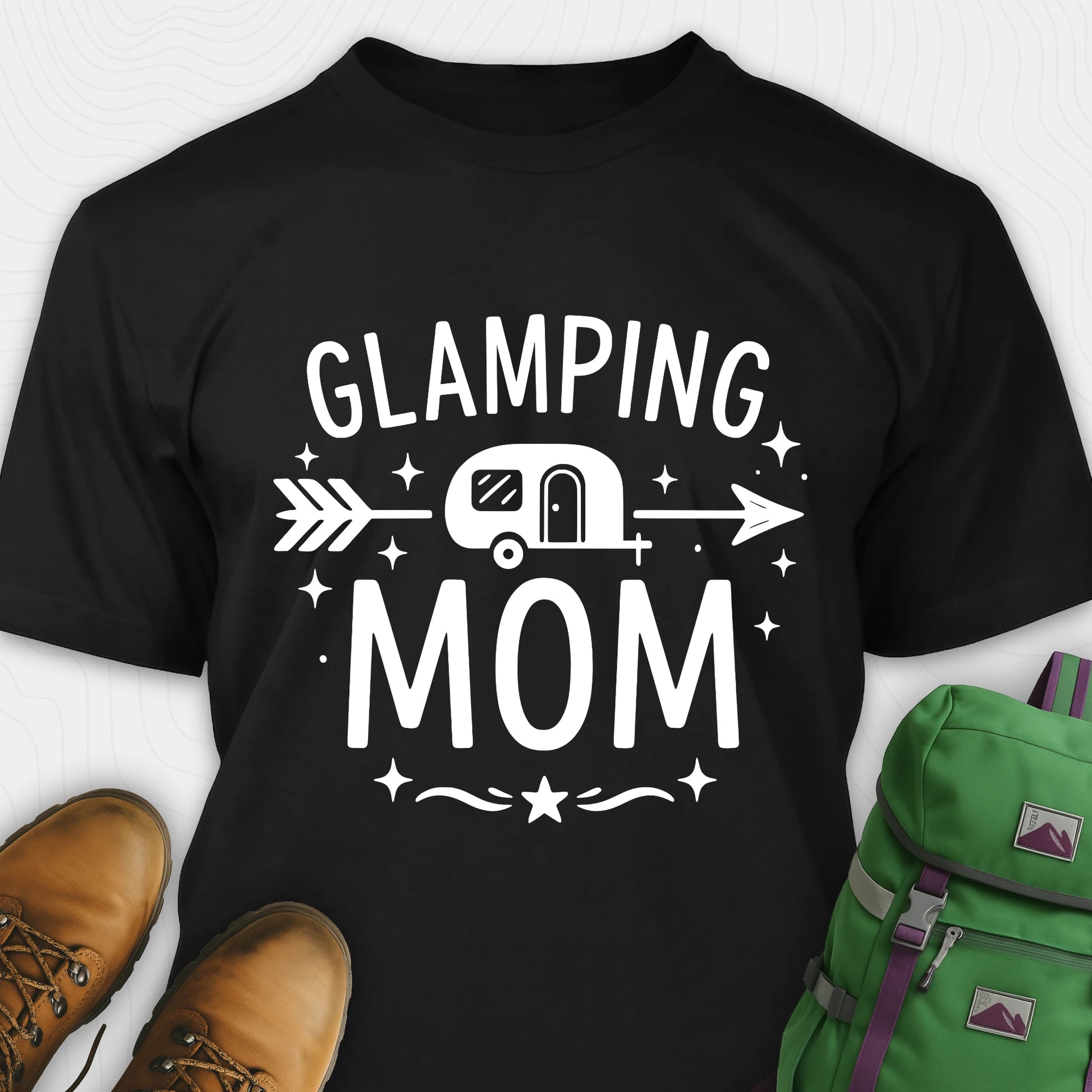 Black glamping mom shirt with camper and arrow design