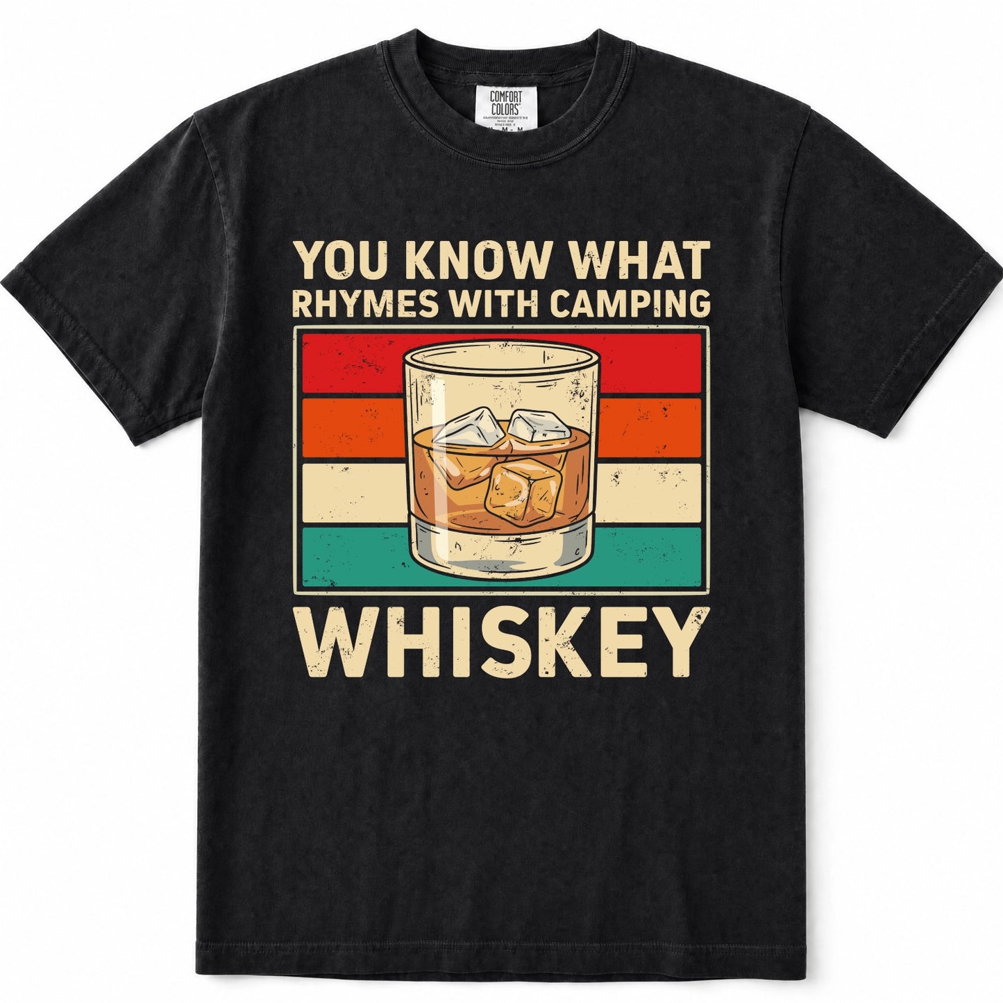 Black short-sleeve t-shirt with a vintage-style graphic print that reads 'YOU KNOW WHAT RHYMES WITH CAMPING WHISKEY' around an illustration of a whiskey glass. The shirt is shown flat against a plain white background.