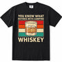 Black short-sleeve t-shirt with a vintage-style graphic print that reads 'YOU KNOW WHAT RHYMES WITH CAMPING WHISKEY' around an illustration of a whiskey glass. The shirt is shown flat against a plain white background.