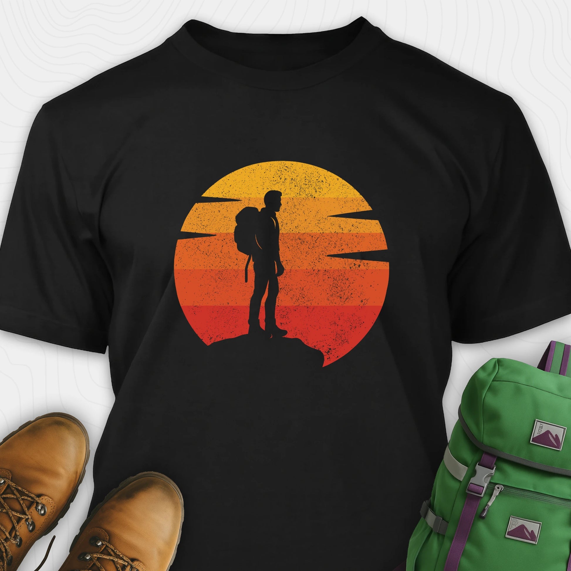 Black retro sunset t-shirt with hiker silhouette