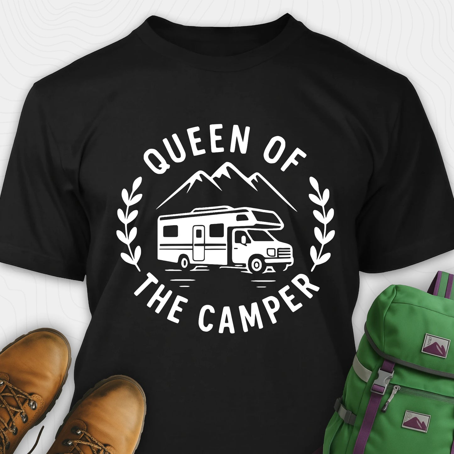 Black queen of the camper shirt with rv graphic and mountain design
