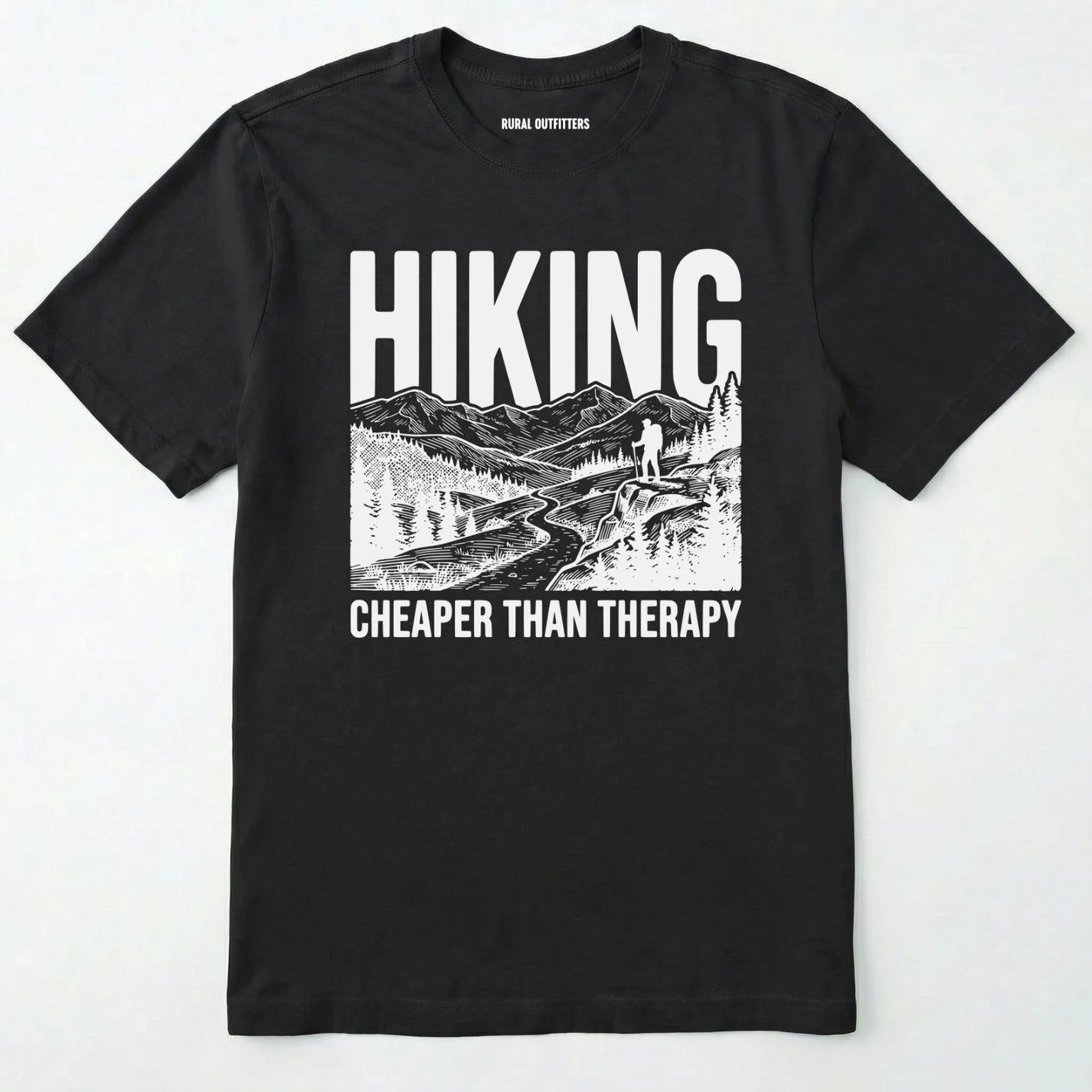 Black t-shirt with hiking graphic and text on a white background