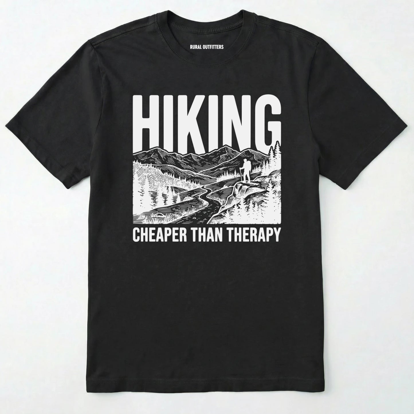 Black t-shirt with hiking graphic and text on a white background