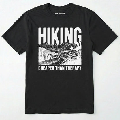 Black t-shirt with hiking graphic and text on a white background