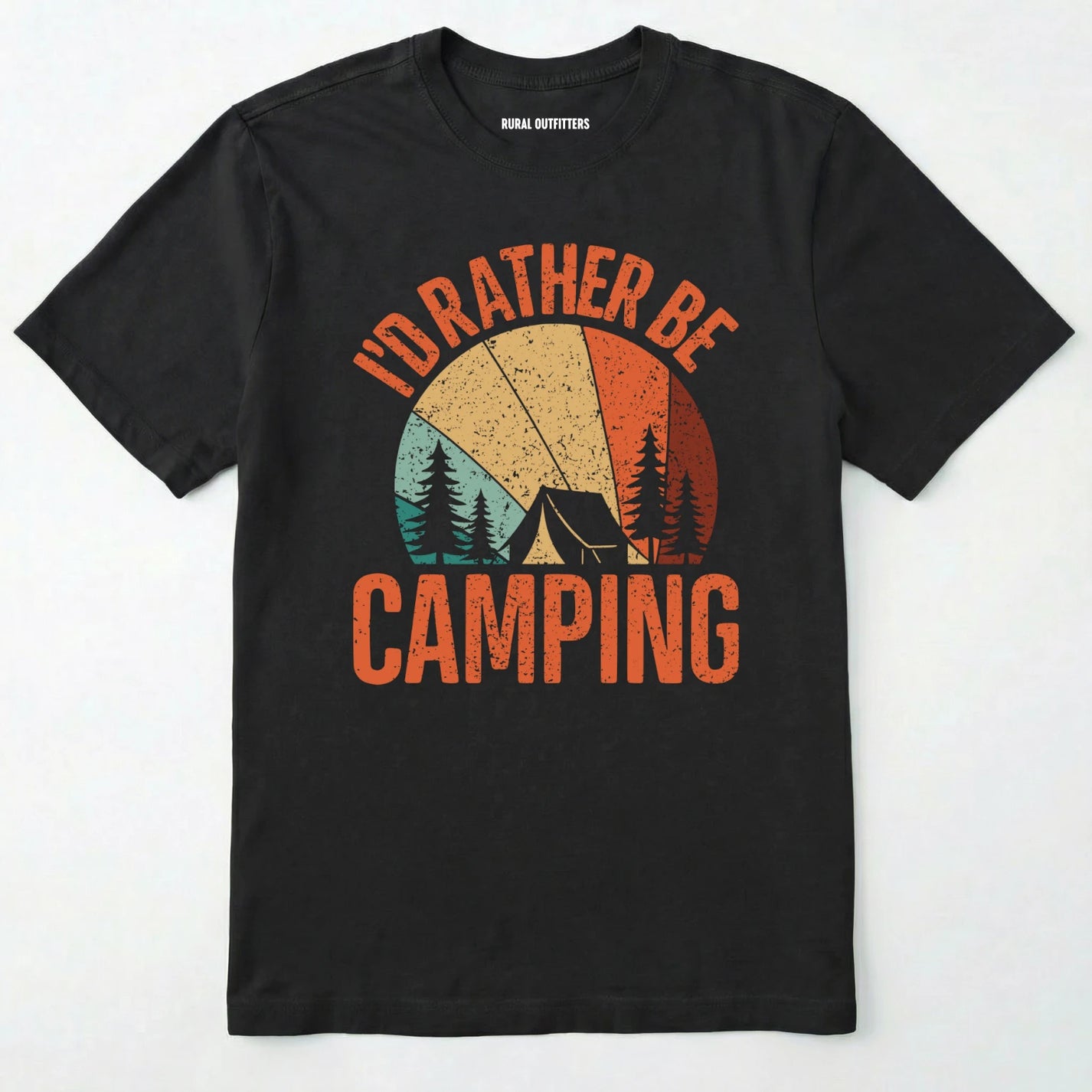 Black t-shirt with 'i'd rather be camping' design, green backpack, and brown boots on a white background