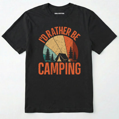 Black t-shirt with 'i'd rather be camping' design, green backpack, and brown boots on a white background
