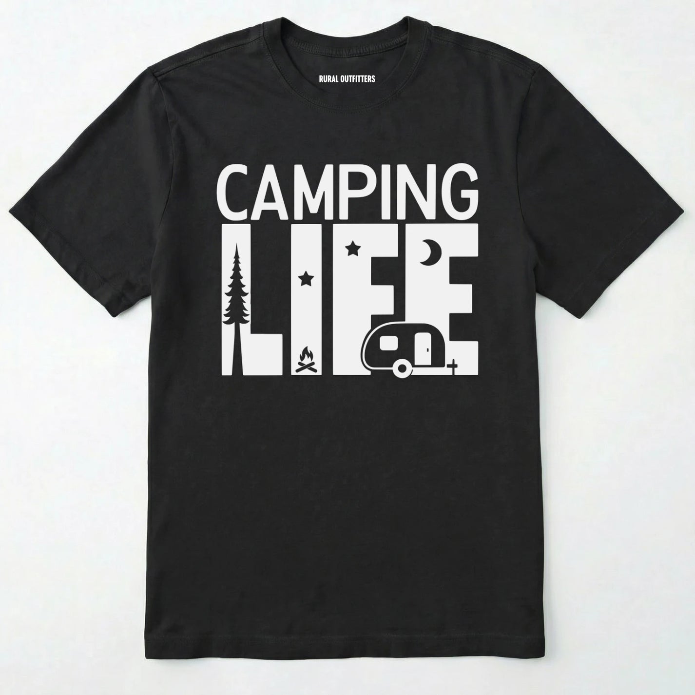 Black camp life shirt featuring a camper and a pine tree design on a white background.