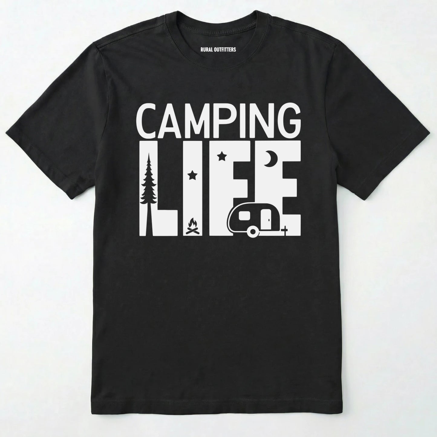 Black camp life shirt featuring a camper and a pine tree design on a white background.