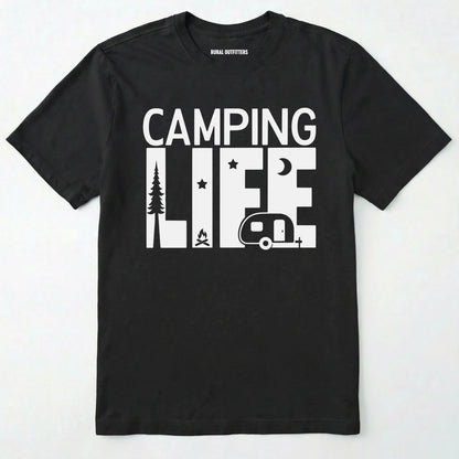 Black camp life shirt featuring a camper and a pine tree design on a white background.