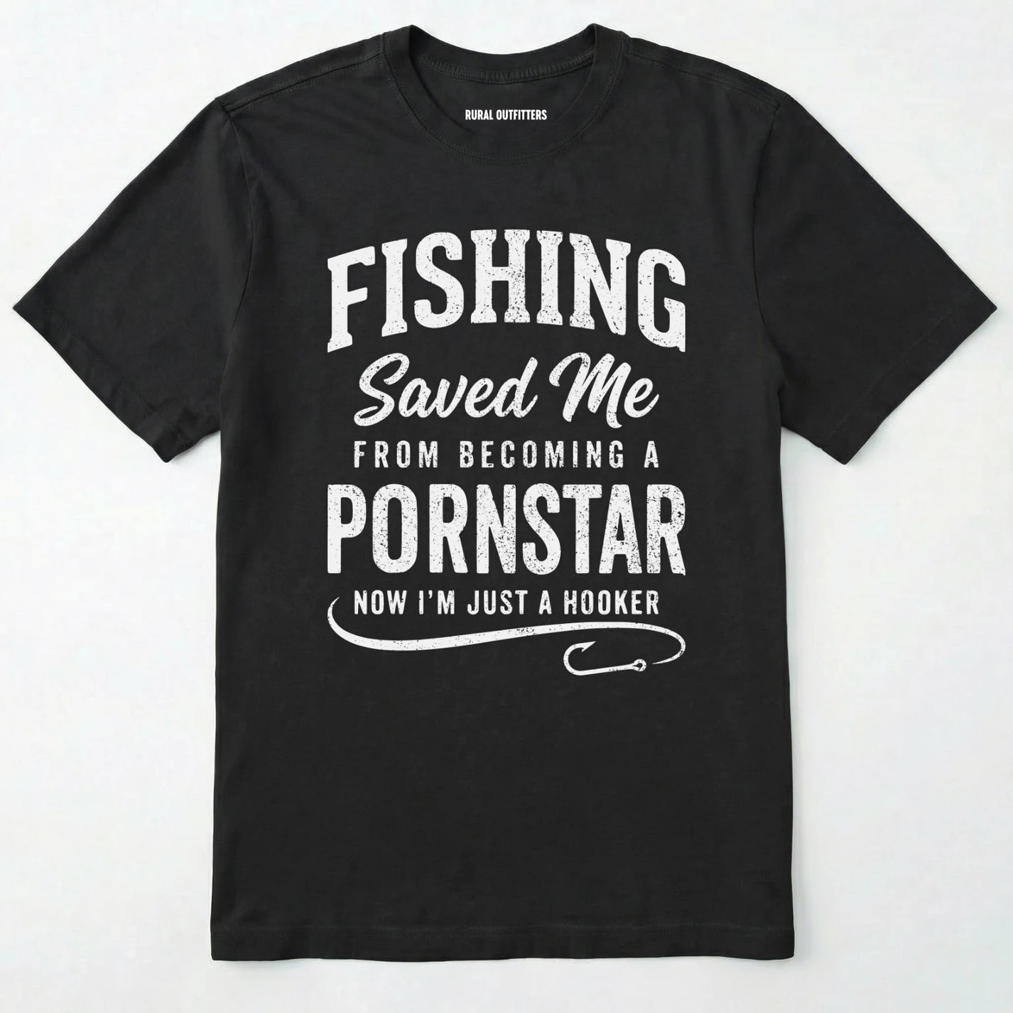 Black t-shirt with white text on a white background