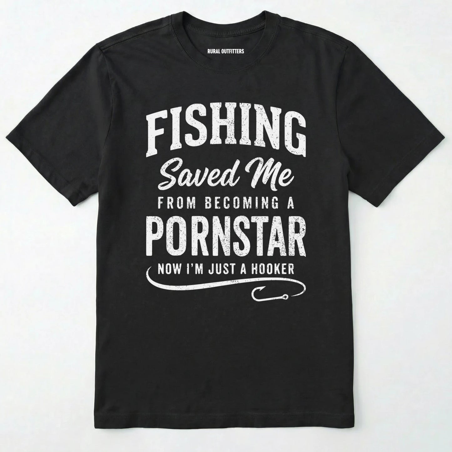 Black t-shirt with white text on a white background