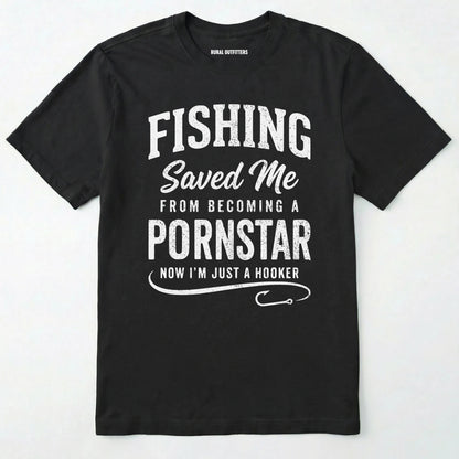 Black t-shirt with white text on a white background