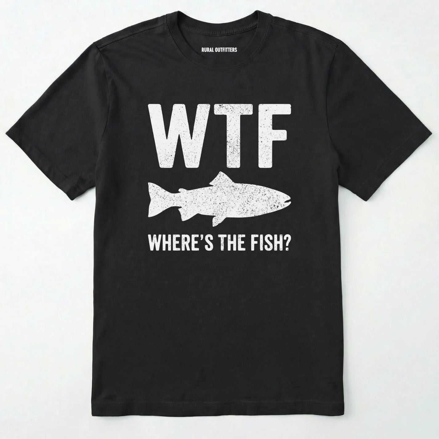 Black t-shirt with white text and fish graphic on a white background
