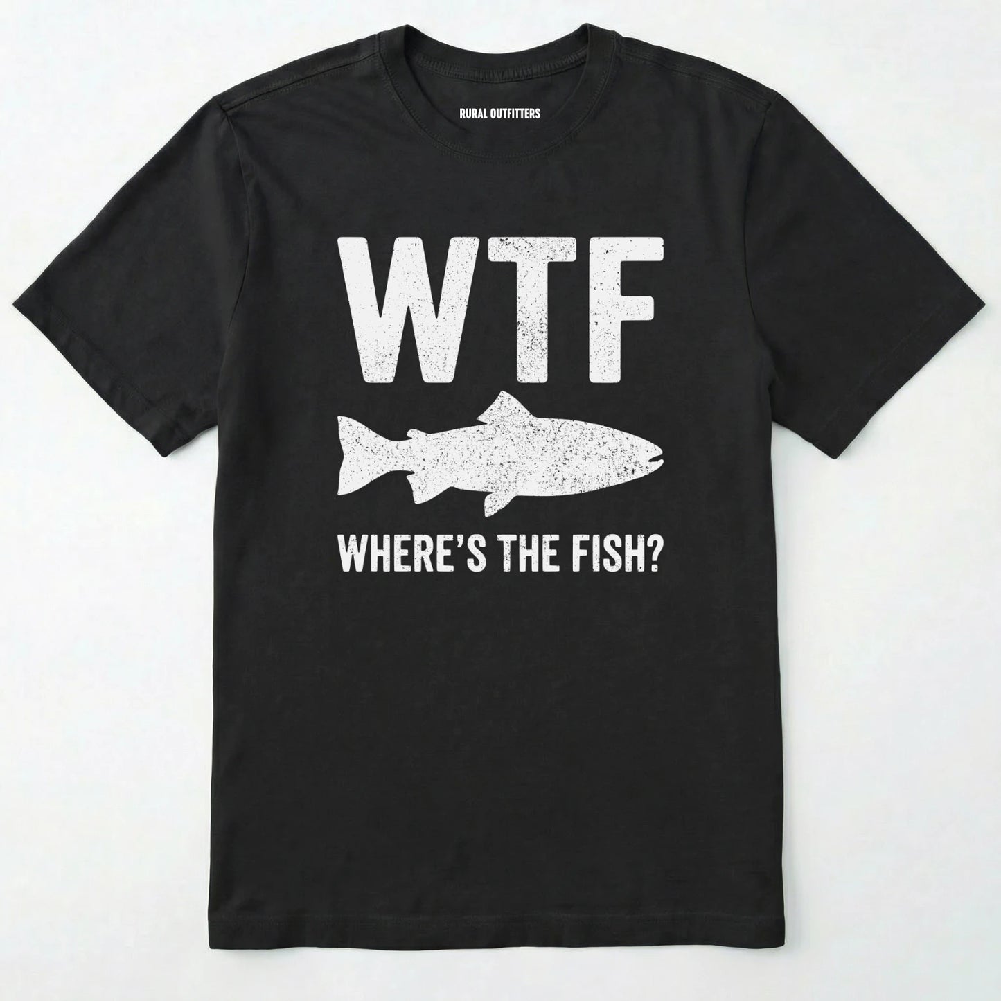 Black t-shirt with white text and fish graphic on a white background