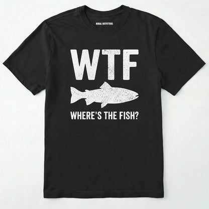 Black t-shirt with white text and fish graphic on a white background