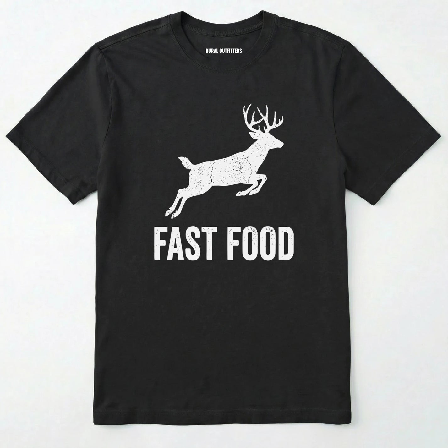 Black t-shirt with white deer graphic and 'fast food' text on a white background