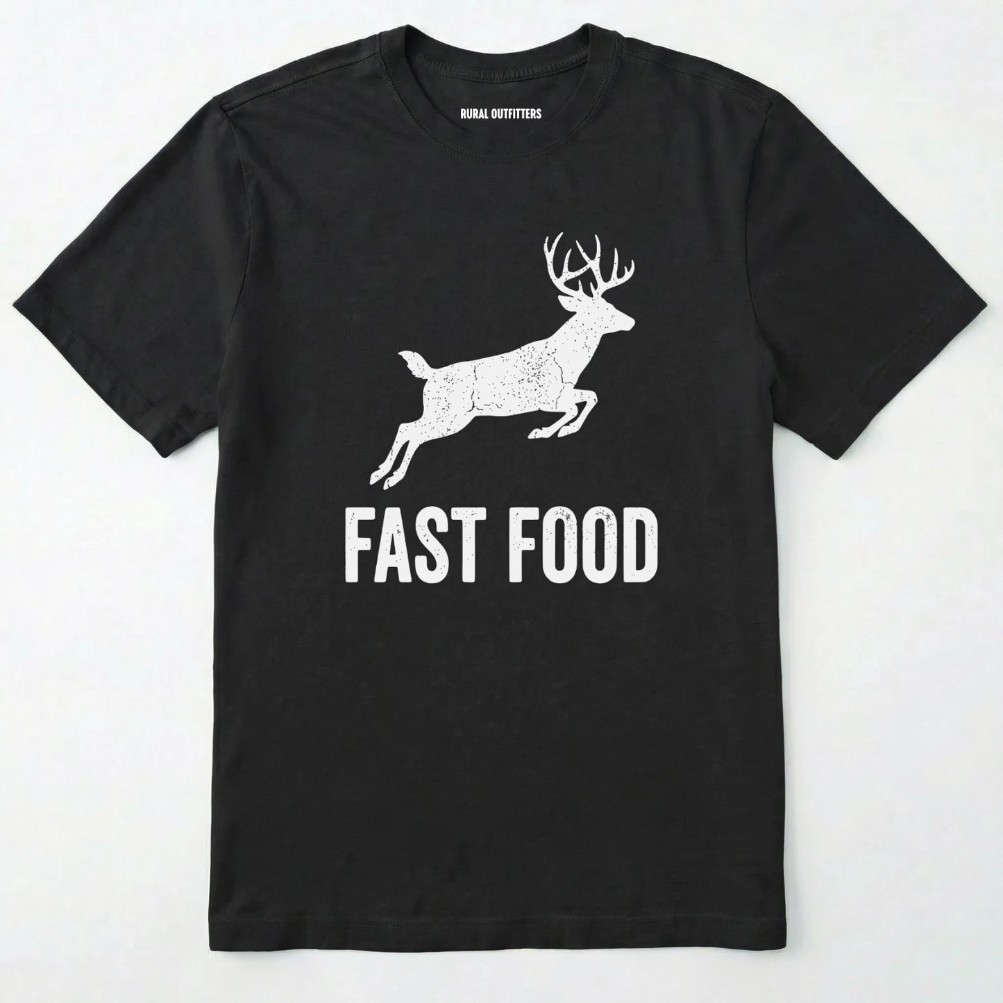 Black t-shirt with white deer graphic and 'fast food' text on a white background